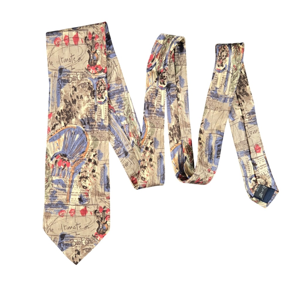 Ermenegildo Zegna Silk Tie Mens Tan Blue Red Abstract Newspaper Print Italy